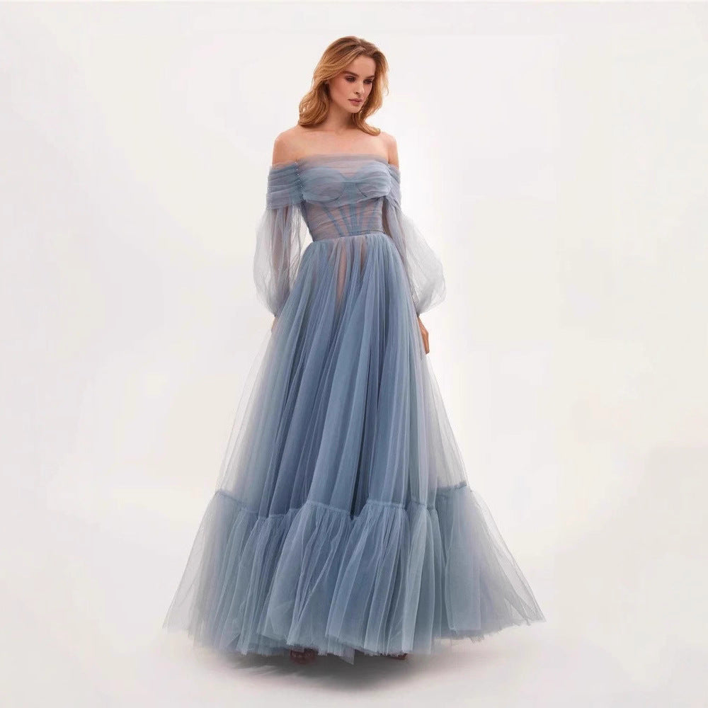 Damen Cocktailkleid Tüll Schulterfrei Voluminöse Ärmel Eveloria - Eveloria