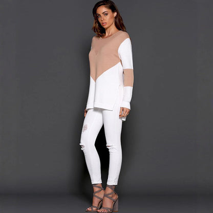 Damen Strickpullover Strukturdesign Kontrastärmel