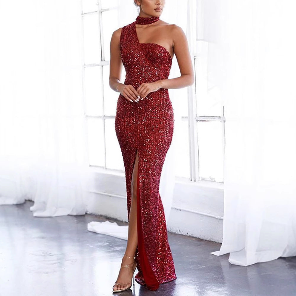 Damen Abendkleid Asymmetrisch Pailletten Eveloria