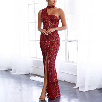 Damen Abendkleid Asymmetrisch Pailletten Eveloria