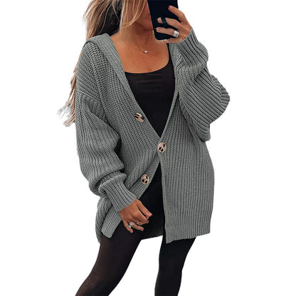 Damen Oversize Strickjacke Grobstrick Weich Holzknöpfe Beige