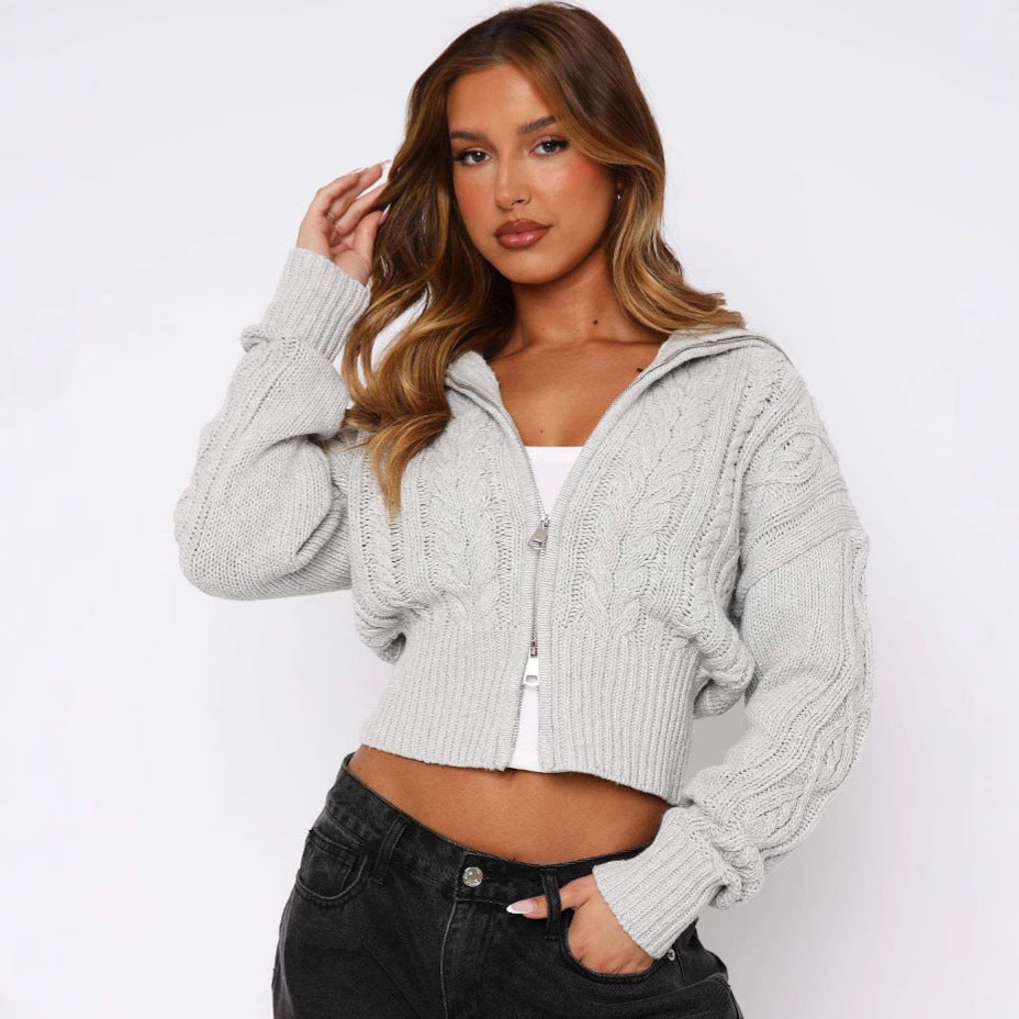 Damen Strickcardigan Kurz Zopfmuster Reißverschluss Schwarz Eveloria - Eveloria