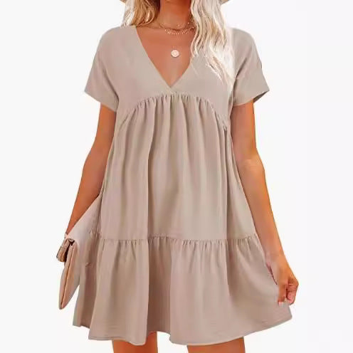 Damen V-Ausschnitt Kleid Weit schwingender Saum Eveloria