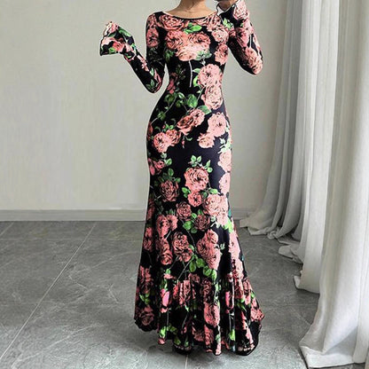 Damen Maxikleid mit Rüschendetails und langem Arm Floral Eveloria