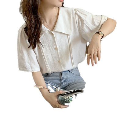 Damen Bluse Kurzarm Stehkragen Knöpfe Eveloria