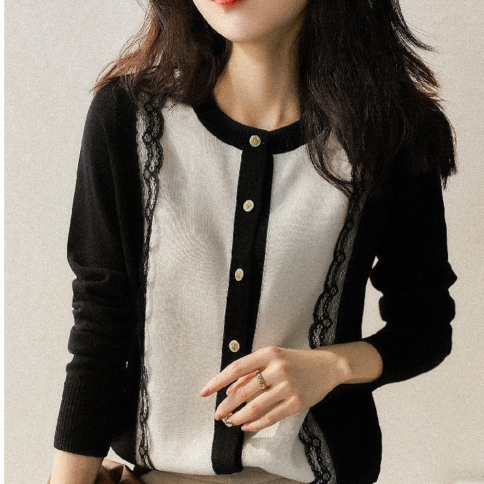Damen Strickjacke Spitzenbesatz Elegante Eveloria