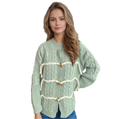 Damen Grobstrickjacke Kordelzug Holzknöpfe Beige