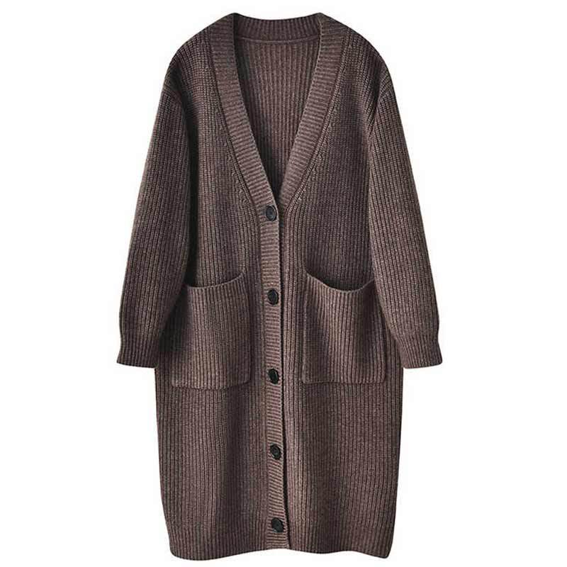 Damen Strickcardigan Lang mit Taschen und Knöpfen Anthrazit