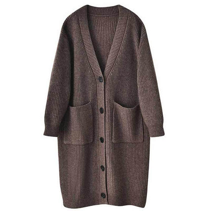 Damen Strickcardigan Lang mit Taschen und Knöpfen Anthrazit