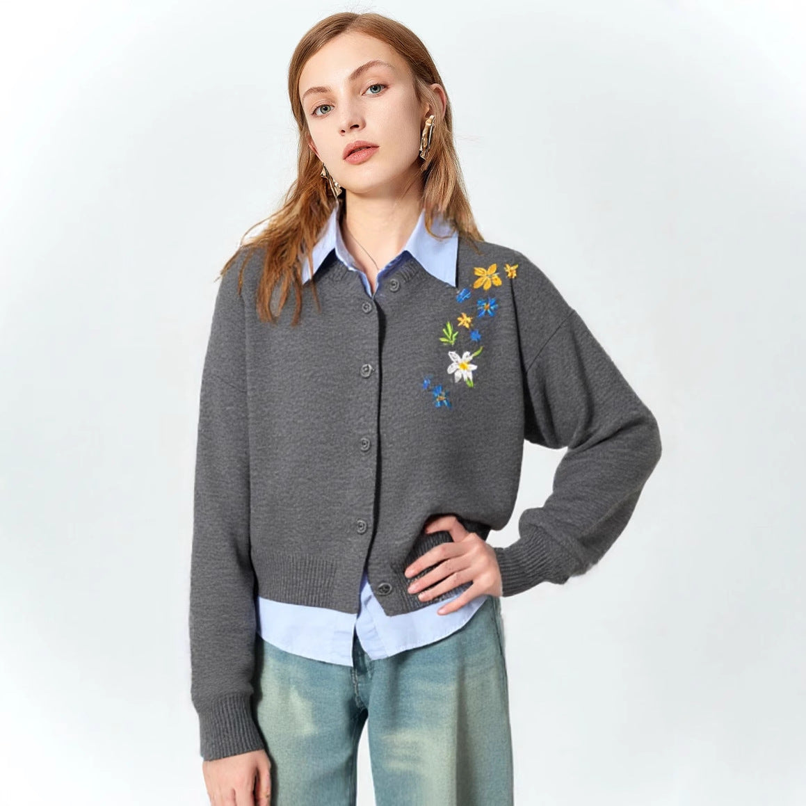 Damen Grobstrickpullover Floral Rückendetail Lockeres Design - Eveloria