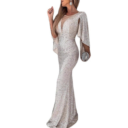 Damen Abendkleid Pailletten V-Ausschnitt Flügelärmel Eveloria