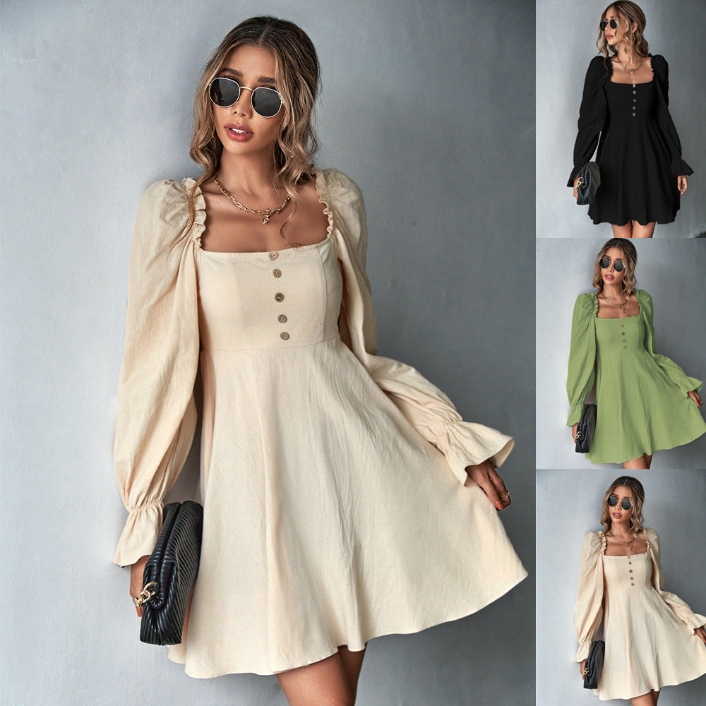 Damen Minikleid Puffärmel Knopfdetails Eveloria - Eveloria