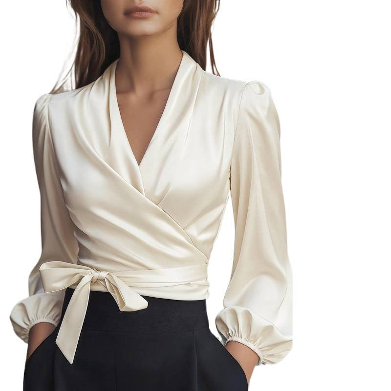 Damen Wickelbluse Satin Puffärmel Eveloria