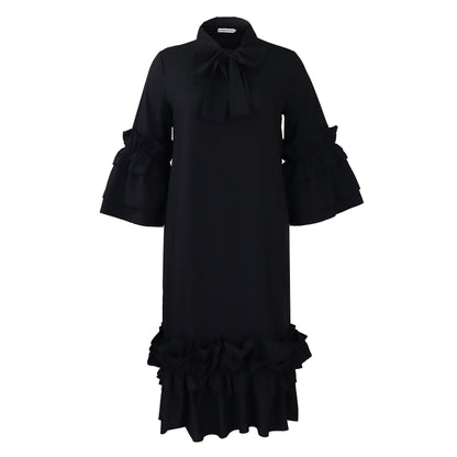 Damen Midi-Kleid Voluminöse Rüschenärmel Elegante Schleife
