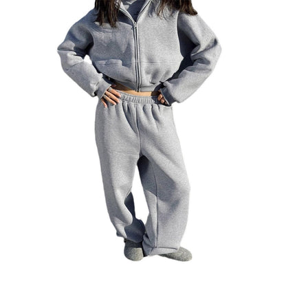 Damen Cropped Sweatjacke und Jogginghose Set Bequem Grau Eveloria