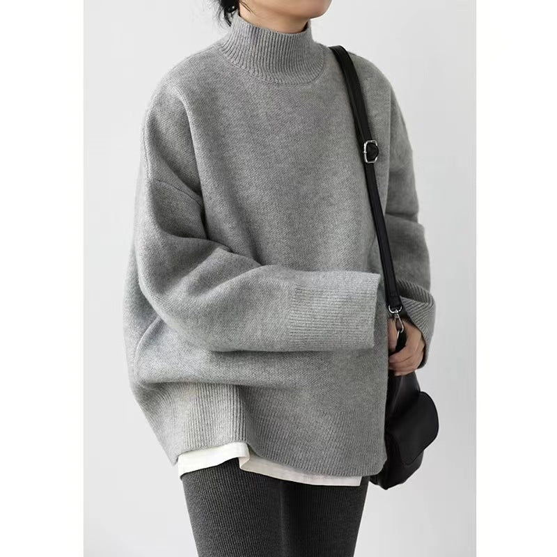 Damen Grobstrickpullover Hochrollkragen Überschnittene Schultern