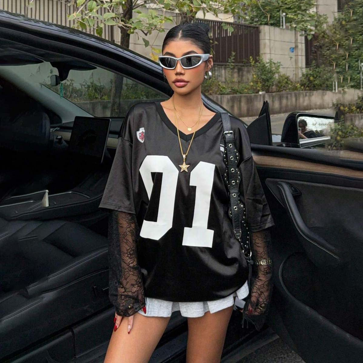 Damen Oversized Sport-T-Shirt Netzarmdesign Eveloria