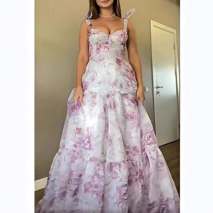 Damen Maxikleid mit Blumenmuster und Rüschen Trägern