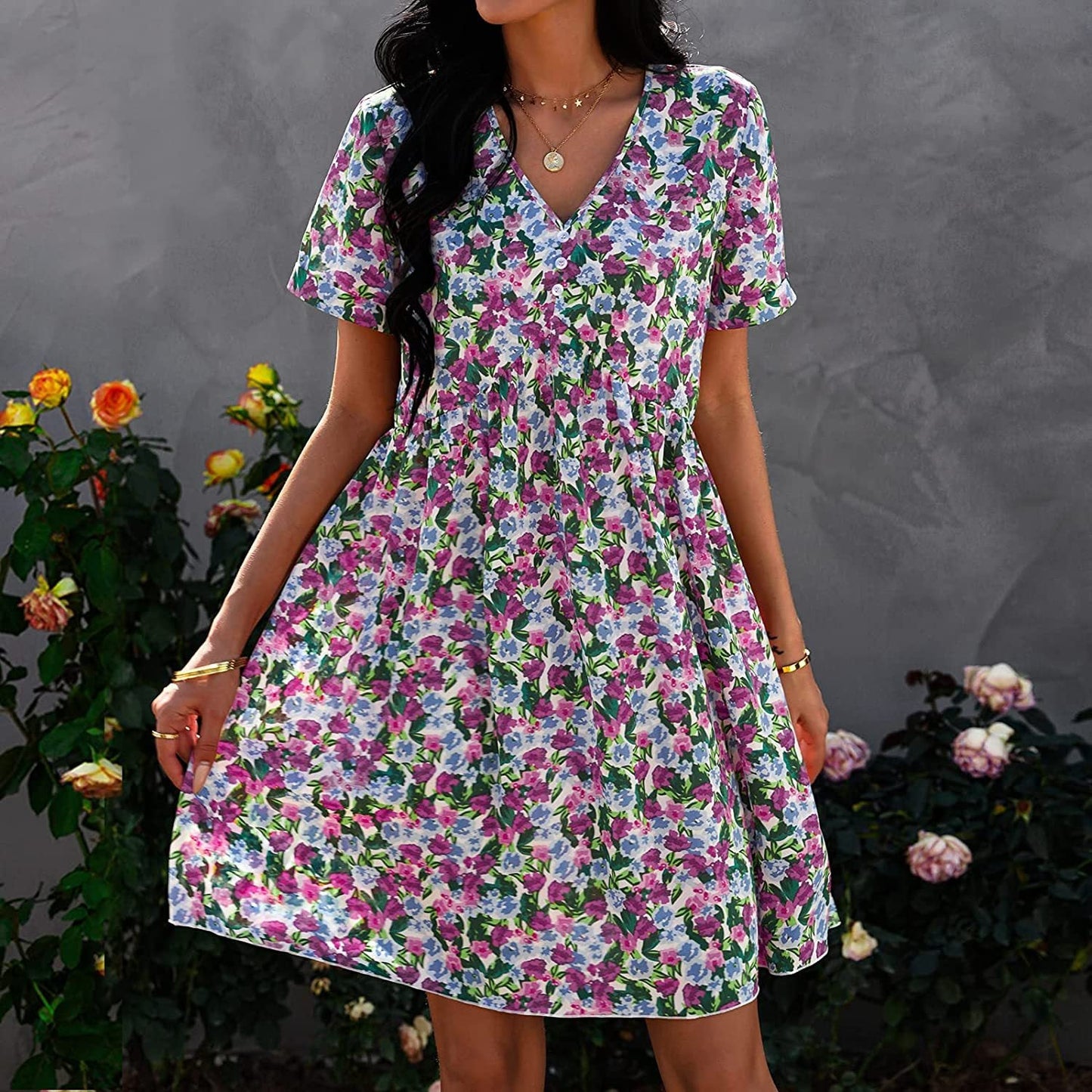 Damen Shift-Kleid V-Ausschnitt Floral Eveloria