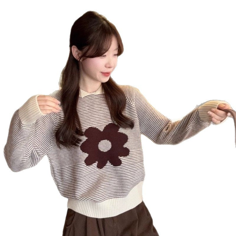 Damen Pullover Gestreift Mit Floralem Muster Lässig