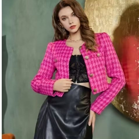 Damen Bouclé-Jacke Kurz Karomuster Elegant Schwarz - Eveloria