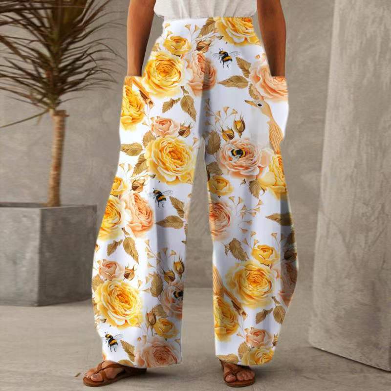 Damen Blumenhosen Weite mit Taschen Elastischer Bund