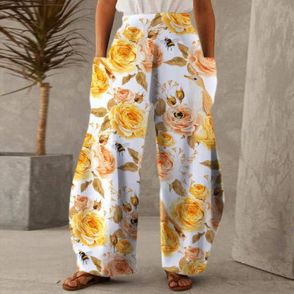 Damen Blumenhosen Weite mit Taschen Elastischer Bund