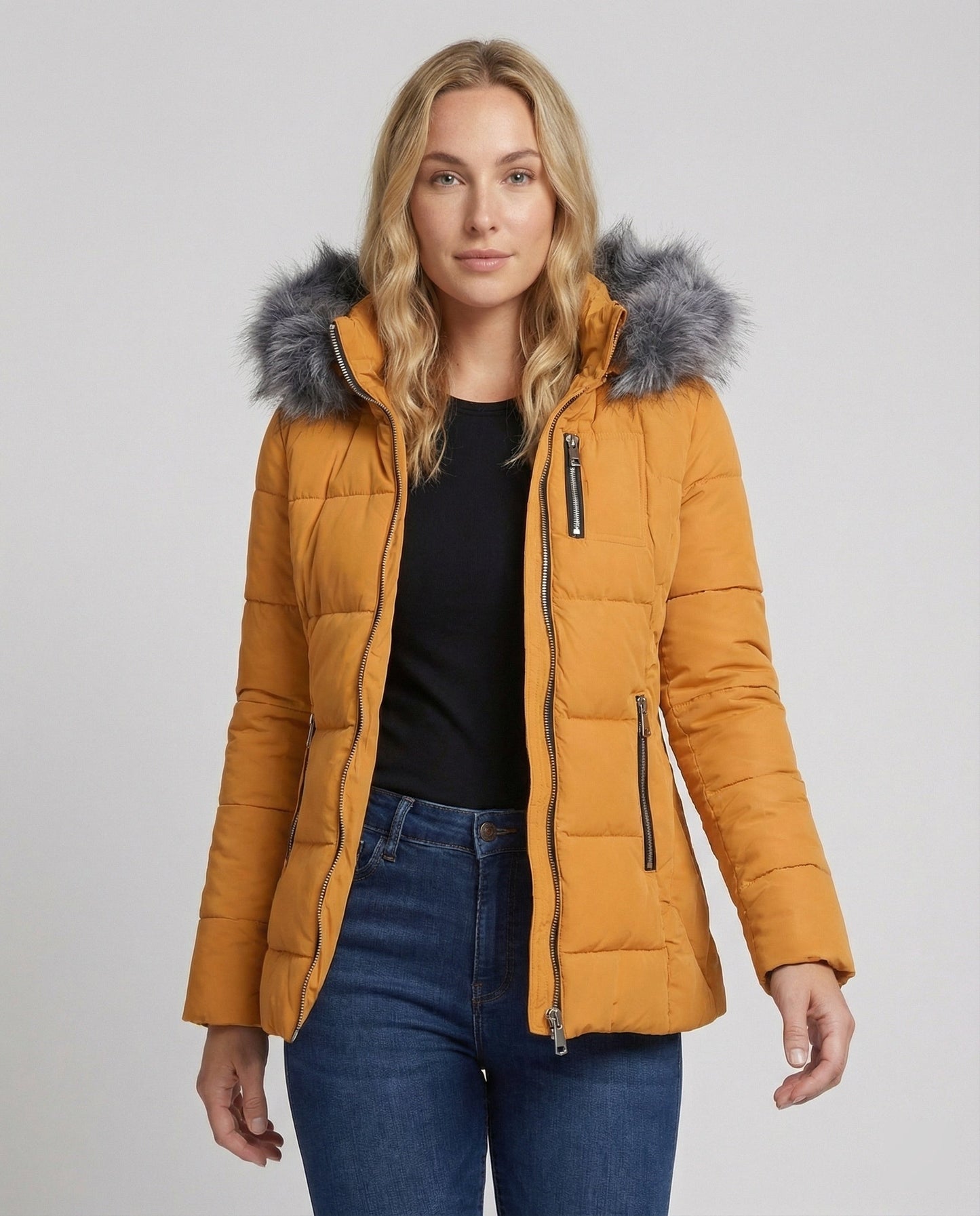 Damen Daunenjacke Fellkragen Schwarz - Eveloria