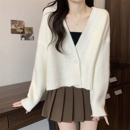 Damen Strickjacke V-Ausschnitt Großknöpfe Beige