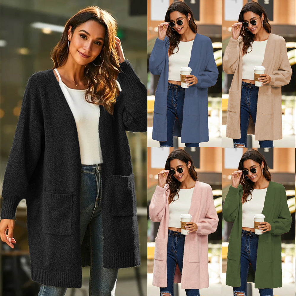 Damen Grobstrick Cardigan mit Taschen und weiten Ärmeln Beige - Eveloria