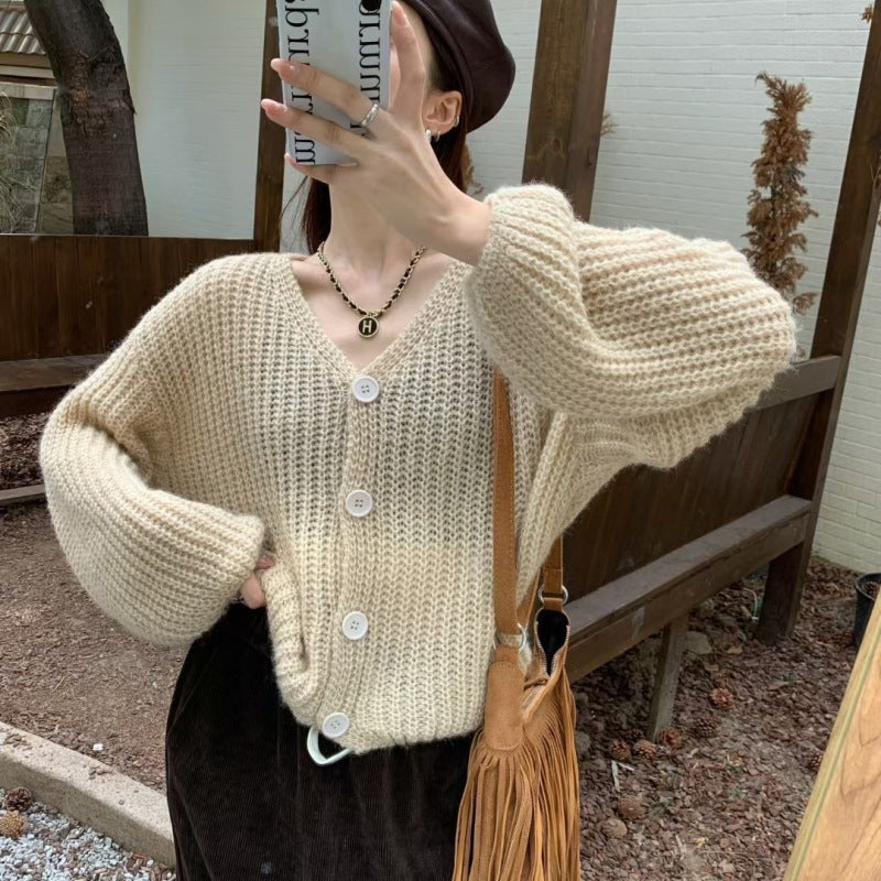 Damen Cardigan Grobstrick Mit Knöpfen Beige - Eveloria