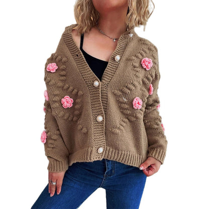 Damen Strickjacke Floralmuster Perlenknöpfe Beige