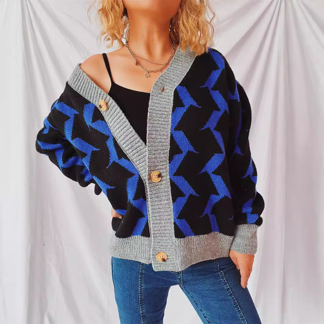 Eveloria Damen Strickjacke Geometrisches Muster Elegante Knöpfe