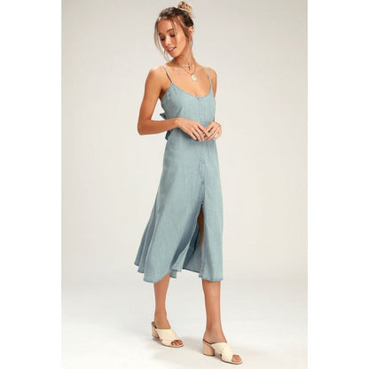 Damen Midi-Kleid Knopfleiste Spagettiträger Eveloria