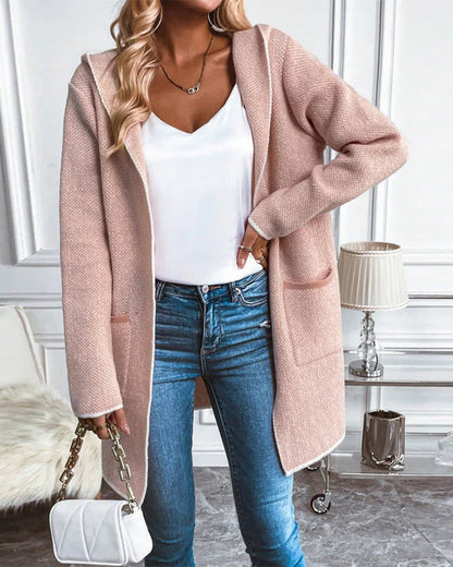 Damen Strickmantel Kapuze Taschen Grau Eveloria