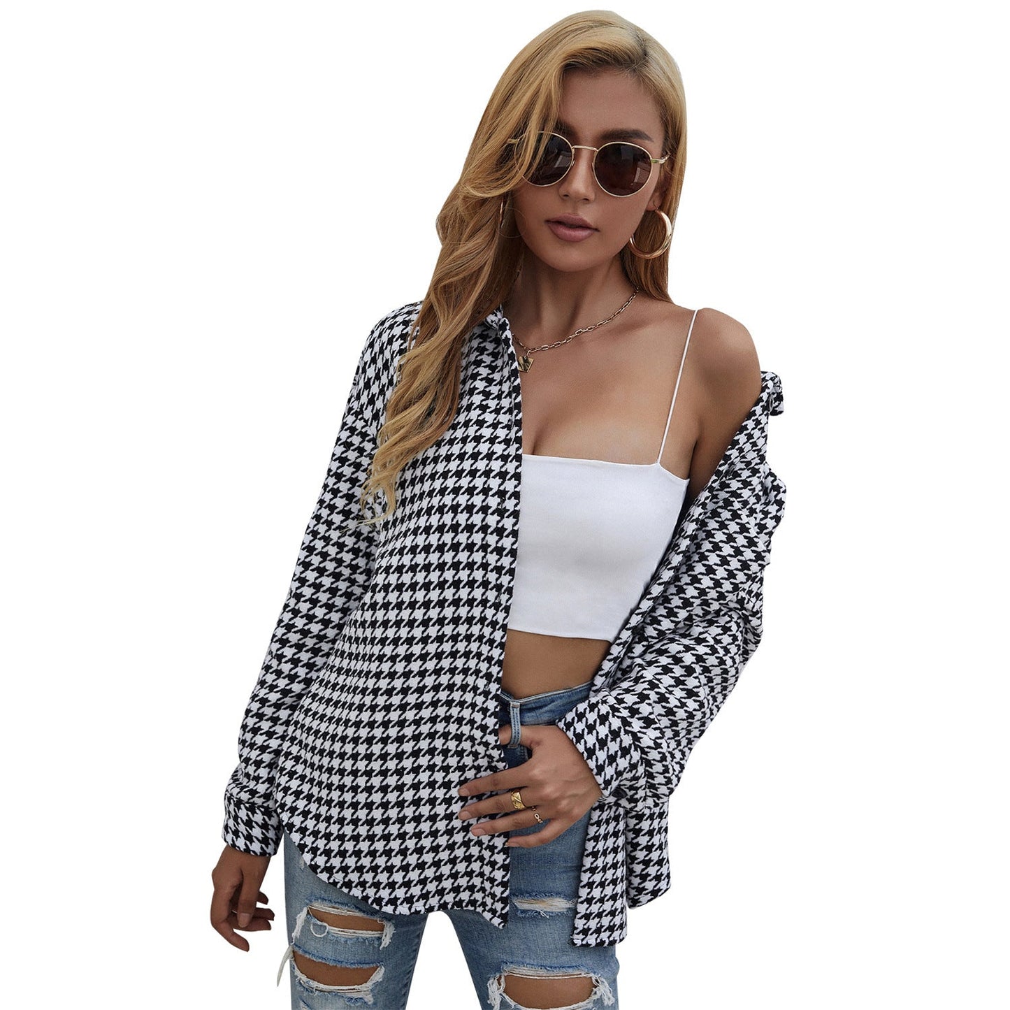 Damen Hemdjacke Hahnentritt-Muster Locker Passform Blauweiß