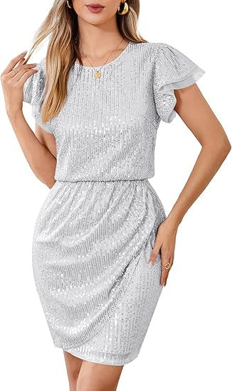 Damen Cocktailkleid Pailletten Voluminöse Rüschenärmel Eveloria