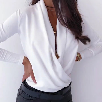 Damen Wickelbluse V-Ausschnitt Elegante Lange Ärmel Eveloria