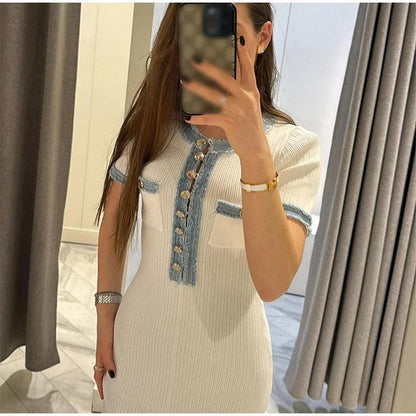 Damen Maxikleid Strukturiertes Jersey Dekorative Knöpfe