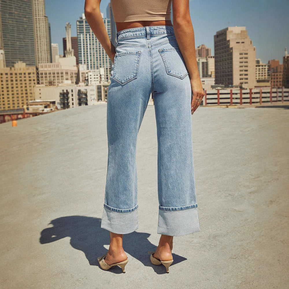 Damen Weite Denim-Jeans Kontrast-Säume Blau Eveloria