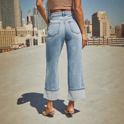 Damen Weite Denim-Jeans Kontrast-Säume Blau Eveloria
