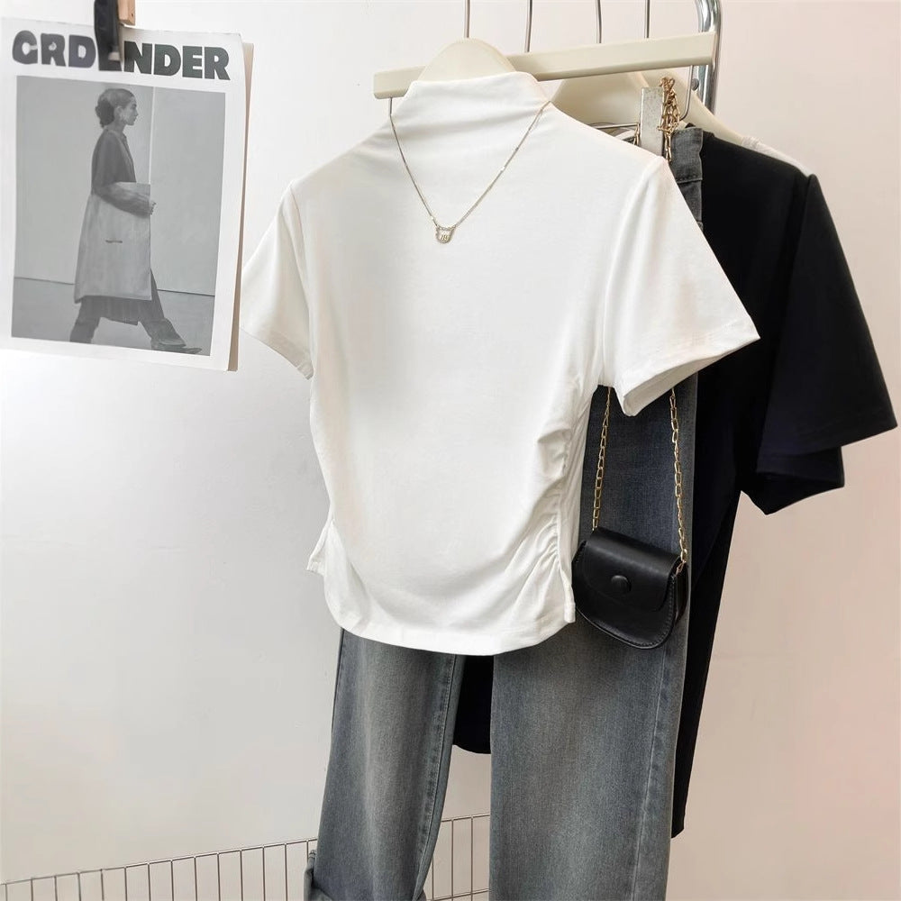 Damen T-Shirt Stehkragen Rüschendetail Figurbetont