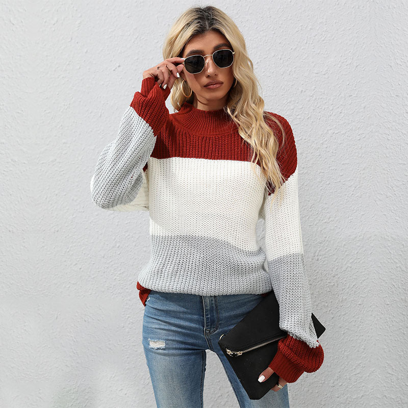 Damen Strickpullover Hoher Kragen Blockstreifen Eveloria