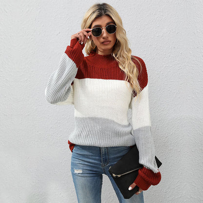 Damen Strickpullover Hoher Kragen Blockstreifen Eveloria