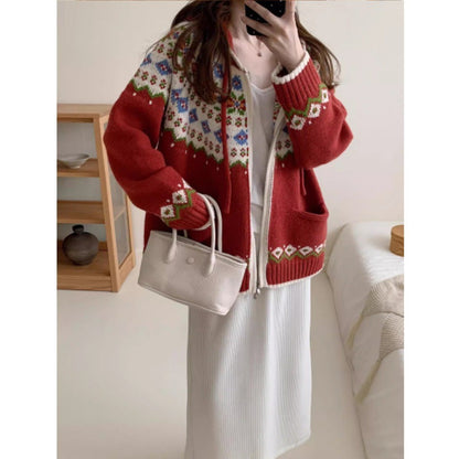 Damen Strickjacke Farbenfroh Muster Taschen Eveloria