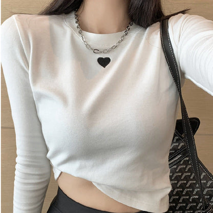 Damen Basic-T-Shirt Langarm mit Herz-Detail Weiss
