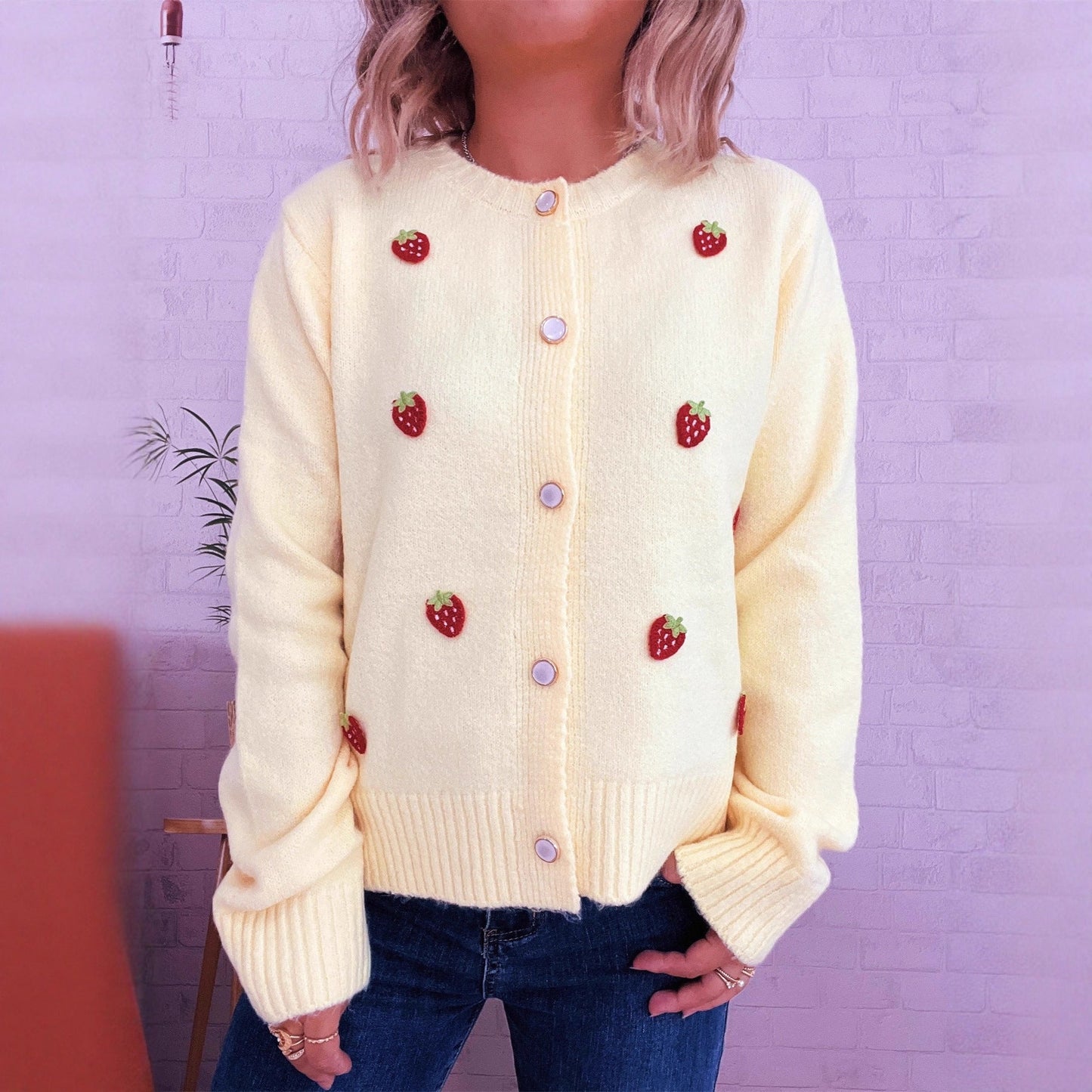 Damen Strickjacke Erdbeerdesign