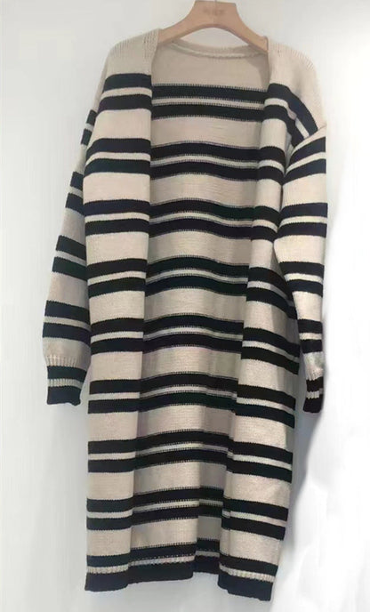 Damen Cardigan Grobstrick Breite Streifen Lässiger Schnitt Beige