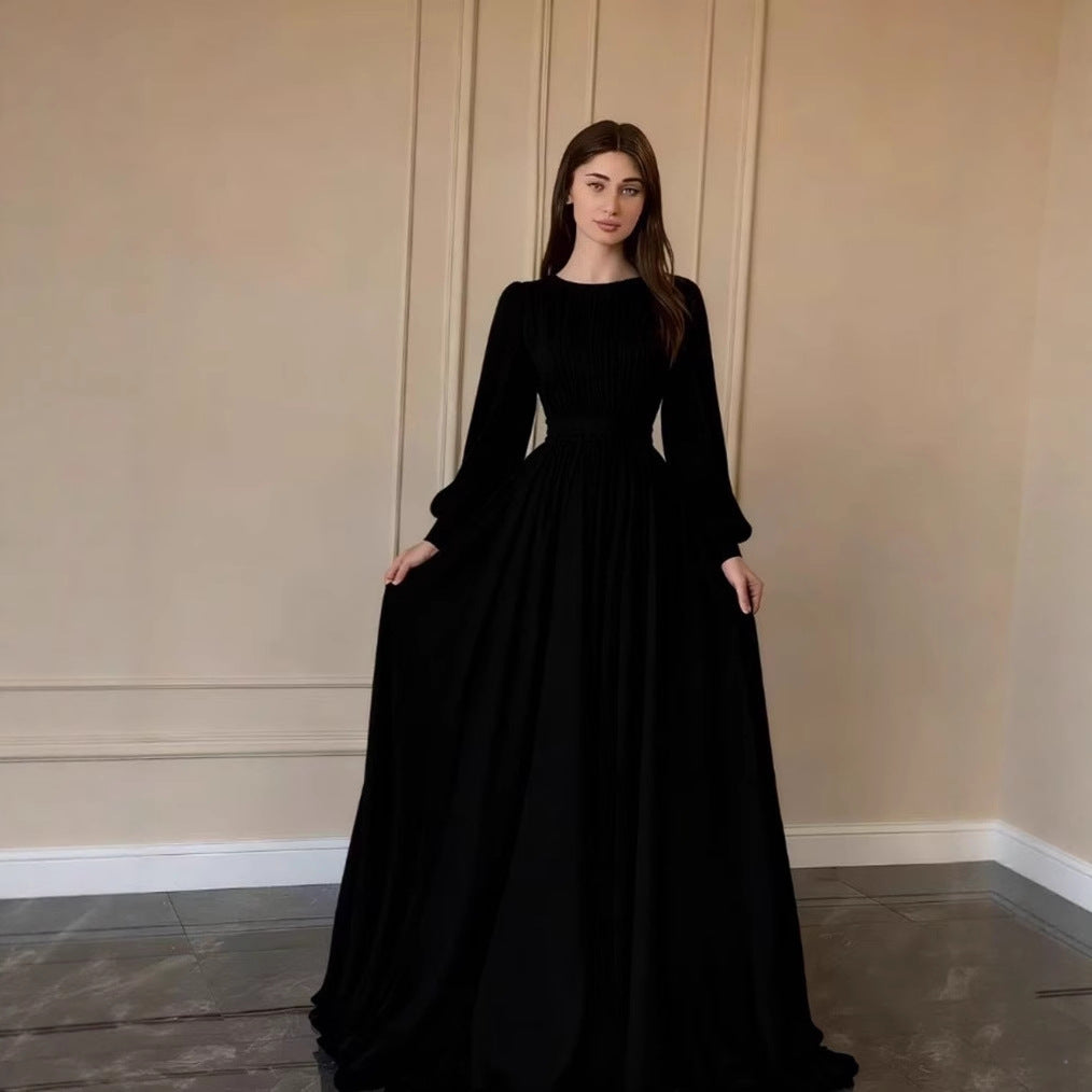 Damen Langkleid mit Taillenband und Ballonärmeln Eveloria