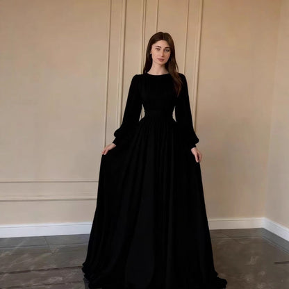 Damen Langkleid mit Taillenband und Ballonärmeln Eveloria